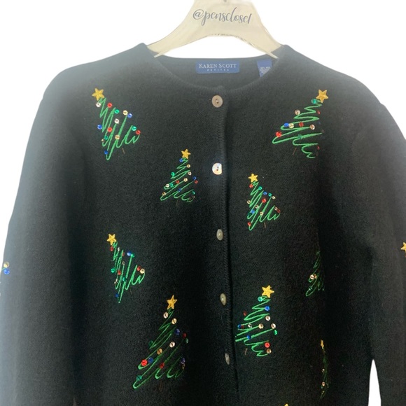 Vintage 80’s Wool Christmas Tree Embellished Black Cardigan Sweater Large - Picture 3 of 9